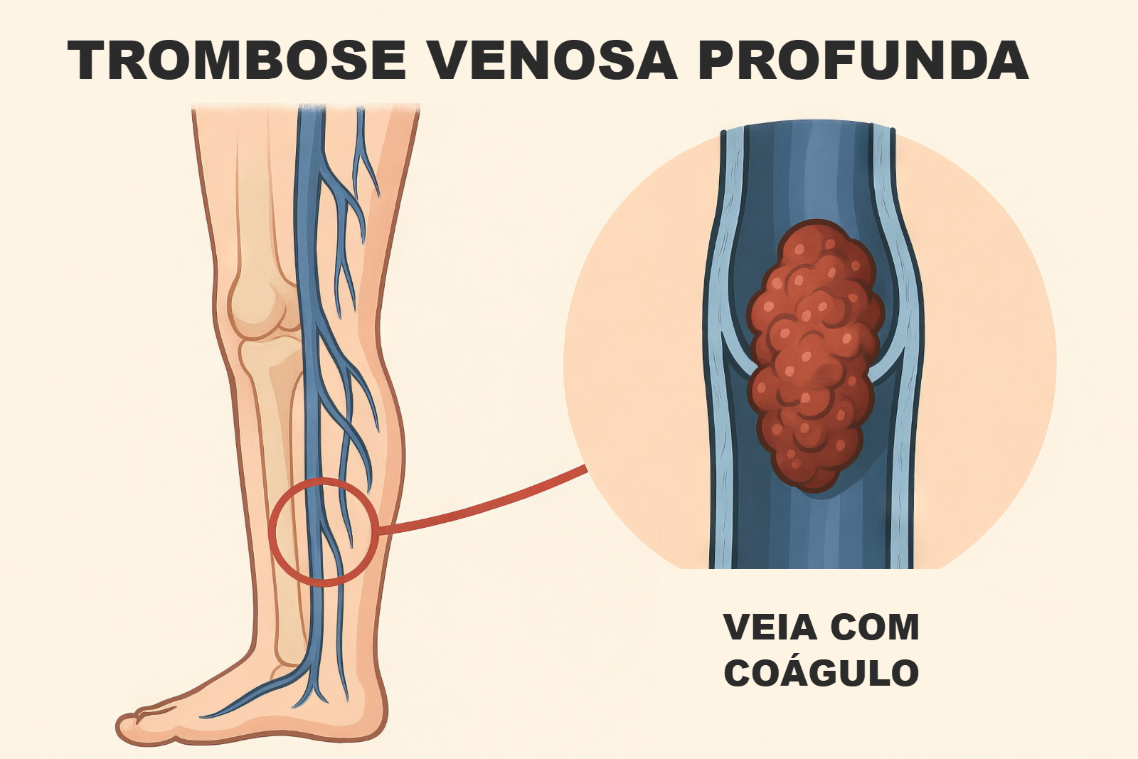 Diagrama anatômico mostrando coágulo se formando em veia profunda da perna — Trombose Venosa Profunda