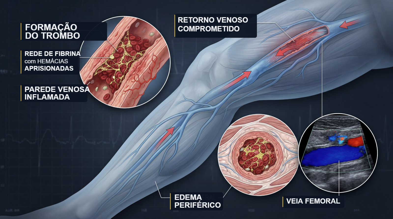 Fisiopatologia da TVP: formação do trombo, rede de fibrina, parede inflamada, retorno venoso comprometido e edema